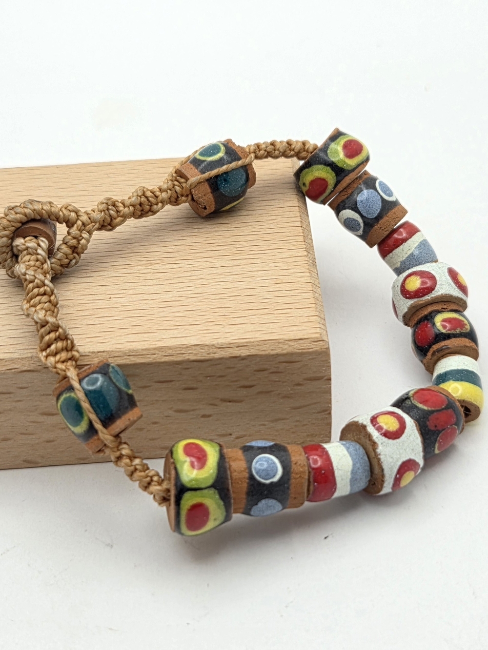 Artisan Hand Painted Clay Bead Macrame Cord Bracelet Boho Festival
